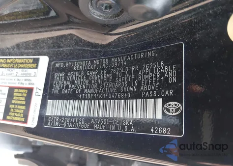 2015 Toyota Camry Se from USA, damaged, VIN 4T1BF1FK1FU476843
